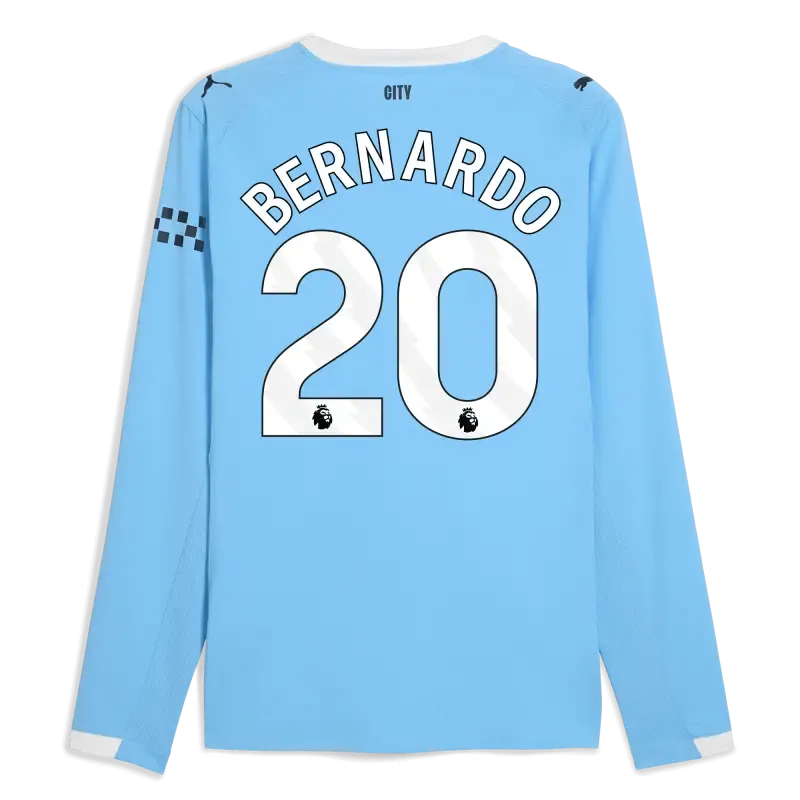 Manchester City Home Authentic Jersey 2025/26 Long Sleeve With BERNARDO 20 Printing