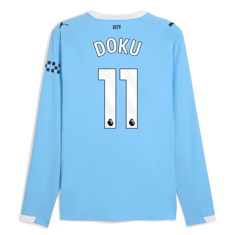 Manchester City Home Authentic Jersey 2025/26 Long Sleeve With DOKU 11 Printing