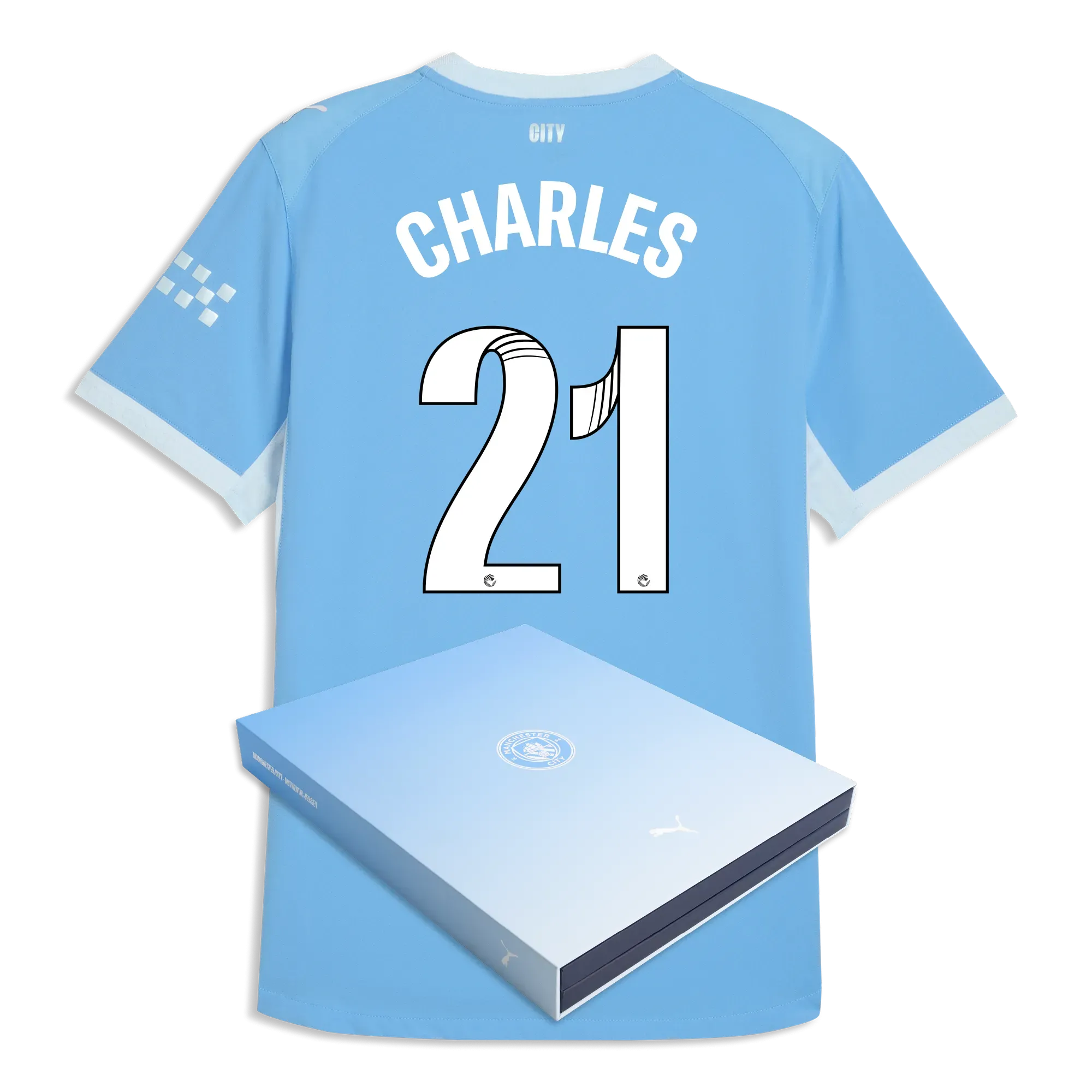 Manchester City Home Authentic Jersey 2026/27 With CHARLES 21 Printing in Gift Box | Manchester City Shop