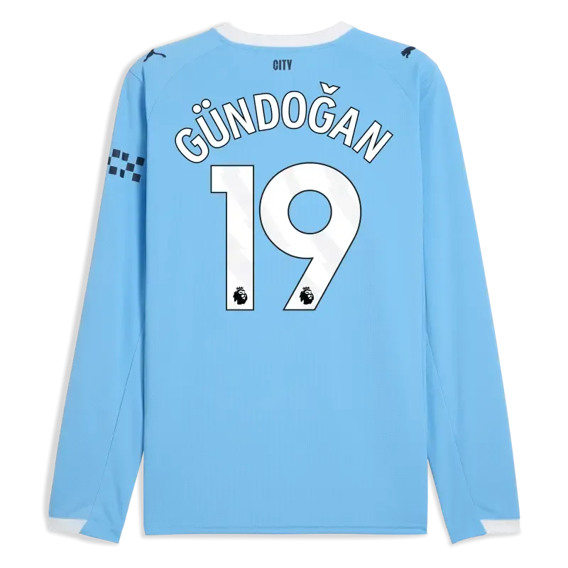 Manchester City Home Jersey 2025/26 Long Sleeve With GÜNDOĞAN 19 Printing