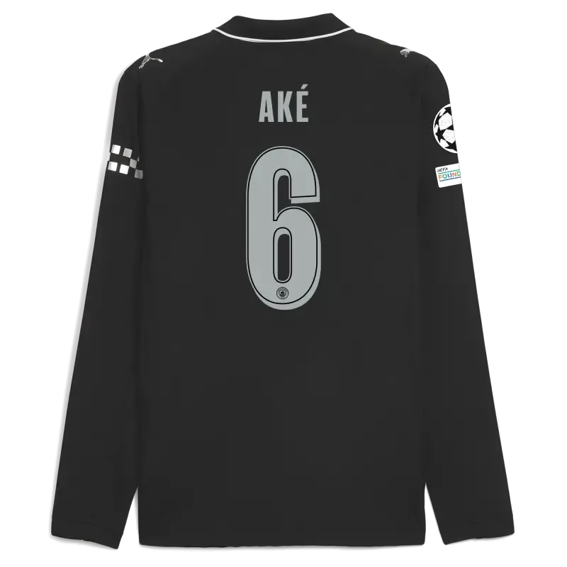 Manchester City Man City Champions League Away Authentic Jersey 2025/26 Long Sleeve With AKÉ 6 Printing