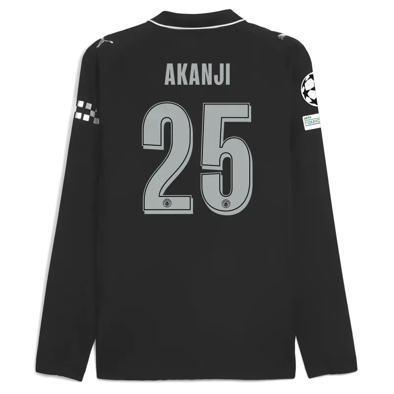 Manchester City Man City Champions League Away Authentic Jersey 2025/26 Long Sleeve With AKANJI 25 Printing