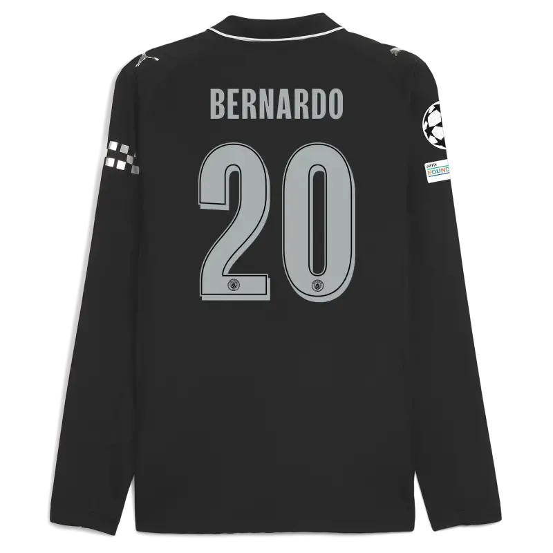 Manchester City Man City Champions League Away Authentic Jersey 2025/26 Long Sleeve With BERNARDO 20 Printing
