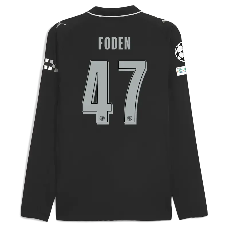 Manchester City Man City Champions League Away Authentic Jersey 2025/26 Long Sleeve With FODEN 47 Printing