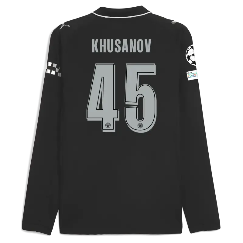 Manchester City Man City Champions League Away Authentic Jersey 2025/26 Long Sleeve With KHUSANOV 45 Printing