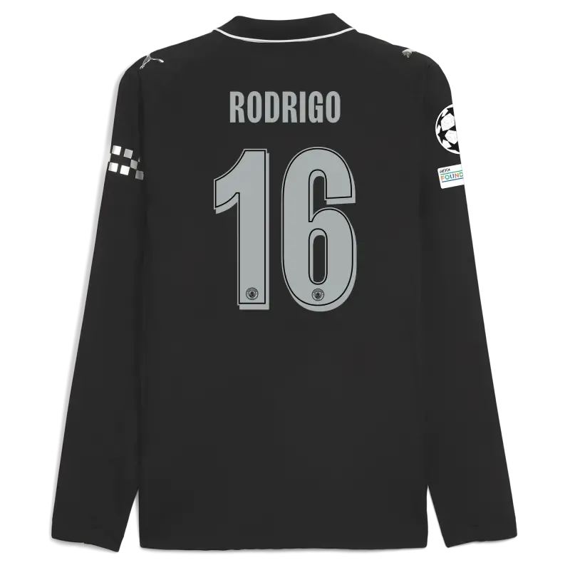 Manchester City Man City Champions League Away Authentic Jersey 2025/26 Long Sleeve With RODRIGO 16 Printing