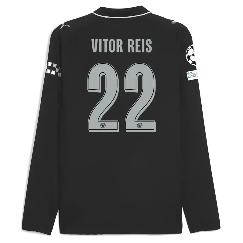 Manchester City Man City Champions League Away Authentic Jersey 2025/26 Long Sleeve With VITOR REIS 22 Printing