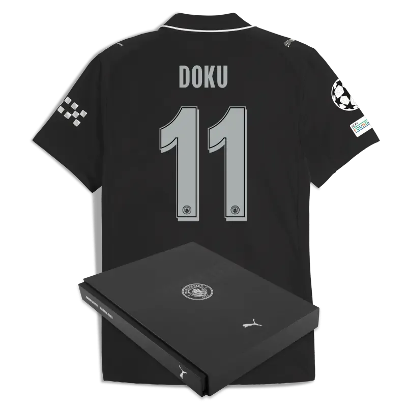 Manchester City Man City Champions League Away Authentic Jersey 2025/26 With DOKU 11 Printing in Gift Box