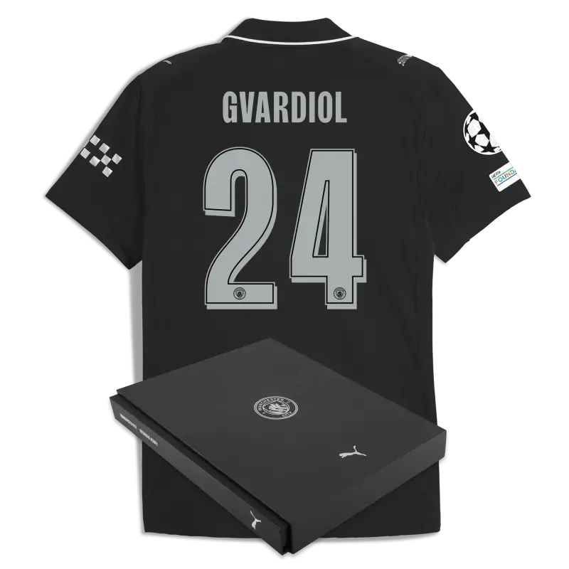 Manchester City Man City Champions League Away Authentic Jersey 2025/26 With GVARDIOL 24 Printing in Gift Box