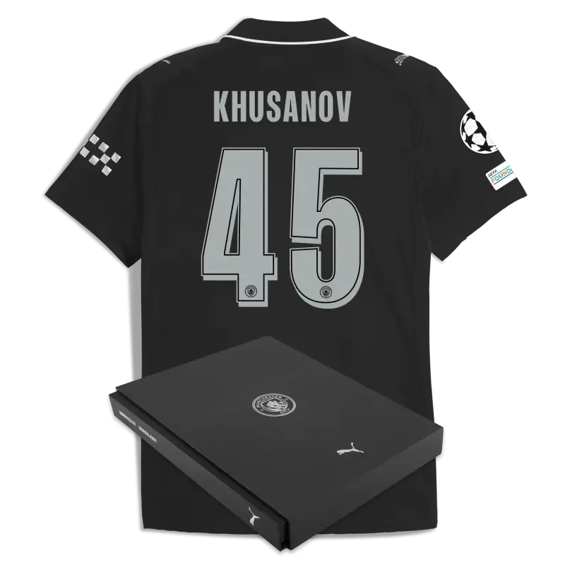 Manchester City Man City Champions League Away Authentic Jersey 2025/26 With KHUSANOV 45 Printing in Gift Box