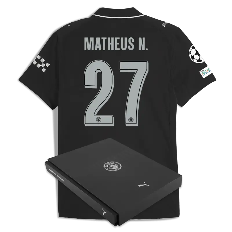 Manchester City Man City Champions League Away Authentic Jersey 2025/26 With MATHEUS N. 27 Printing in Gift Box