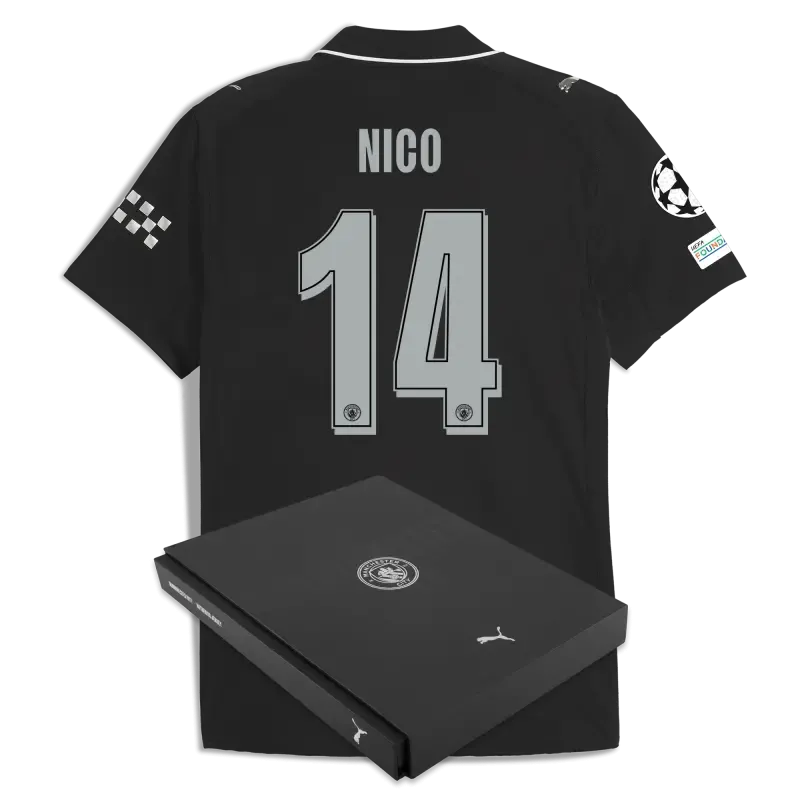 Manchester City Man City Champions League Away Authentic Jersey 2025/26 With NICO 14 Printing in Gift Box