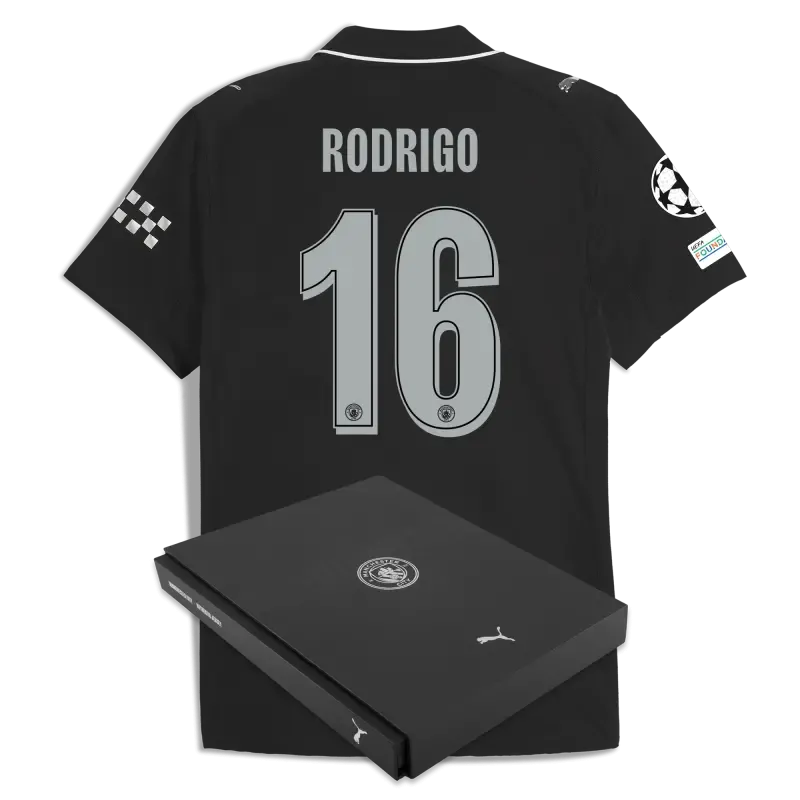 Manchester City Man City Champions League Away Authentic Jersey 2025/26 With RODRIGO 16 Printing in Gift Box