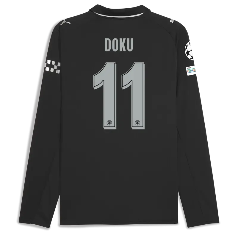 Manchester City Man City Champions League Away Jersey 2025/26 Long Sleeve With DOKU 11 Printing
