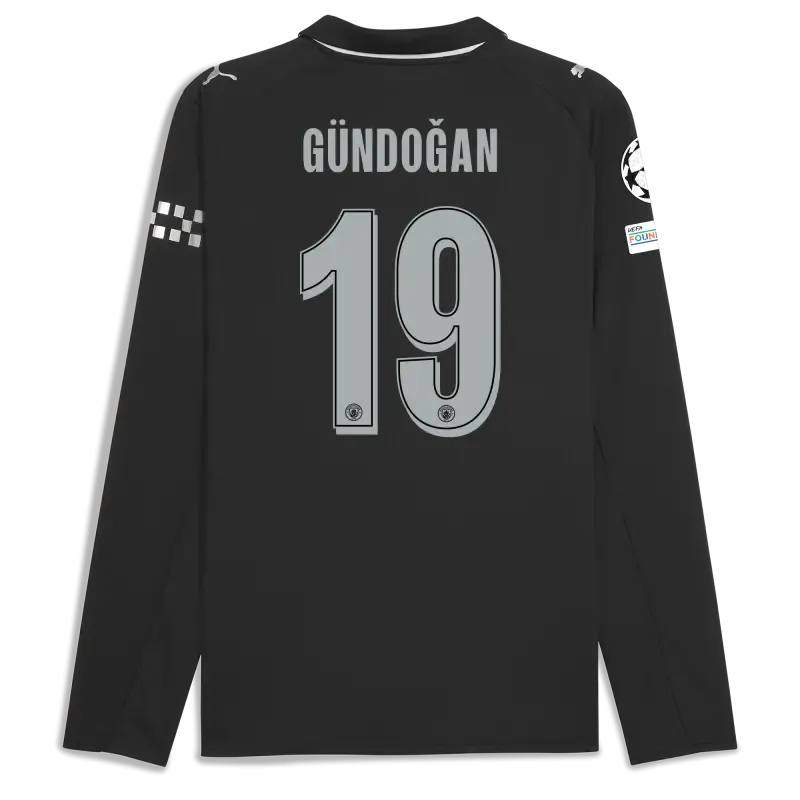 Manchester City Man City Champions League Away Jersey 2025/26 Long Sleeve With GÜNDOĞAN 19 Printing