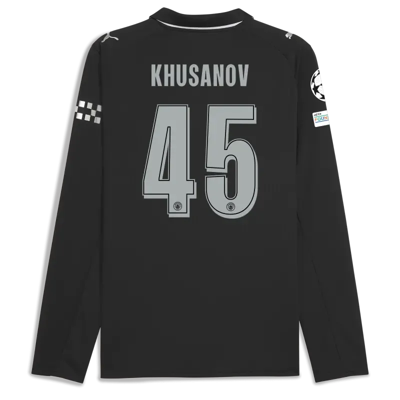 Manchester City Man City Champions League Away Jersey 2025/26 Long Sleeve With KHUSANOV 45 Printing