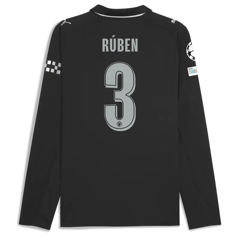 Manchester City Man City Champions League Away Jersey 2025/26 Long Sleeve With RÚBEN 3 Printing