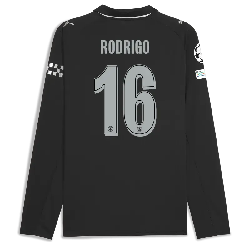 Manchester City Man City Champions League Away Jersey 2025/26 Long Sleeve With RODRIGO 16 Printing