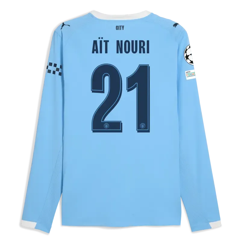 Manchester City Man City Champions League Home Authentic Jersey 2025/26 Long Sleeve With AÏT-NOURI 21 Printing