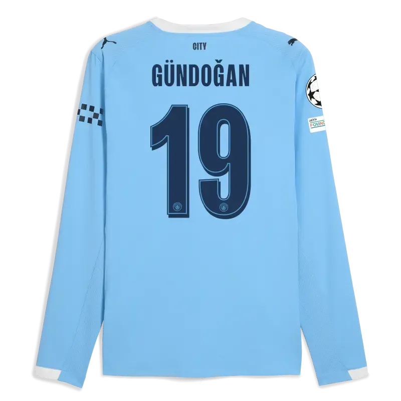 Manchester City Man City Champions League Home Authentic Jersey 2025/26 Long Sleeve With GÜNDOĞAN 19 Printing