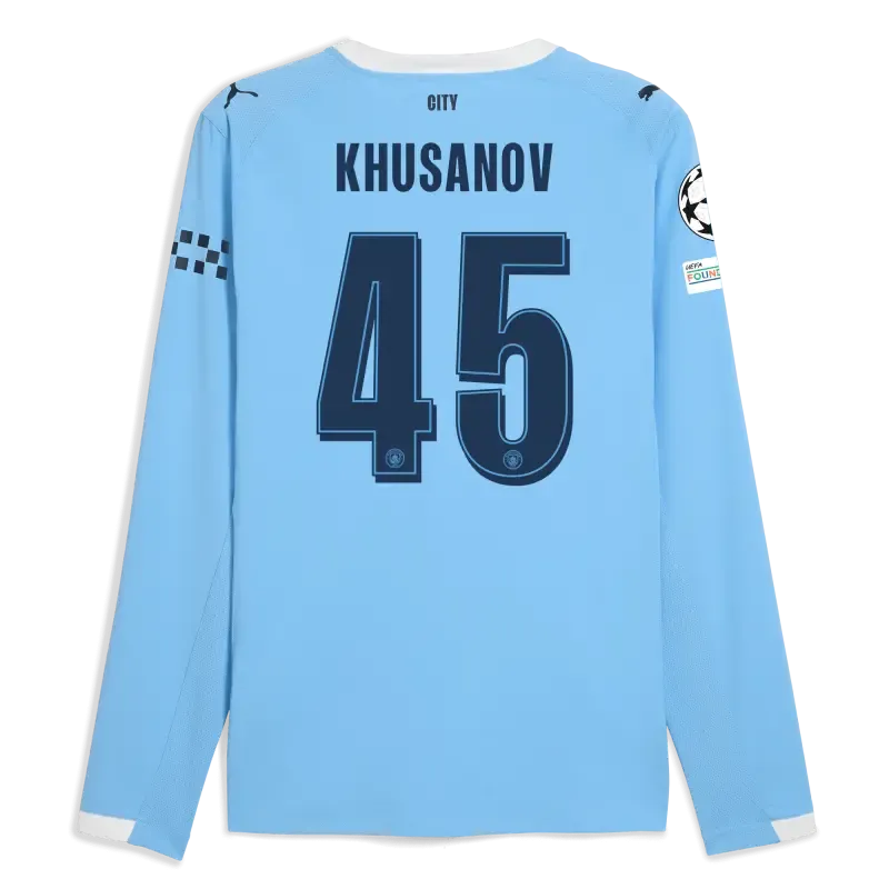 Manchester City Man City Champions League Home Authentic Jersey 2025/26 Long Sleeve With KHUSANOV 45 Printing