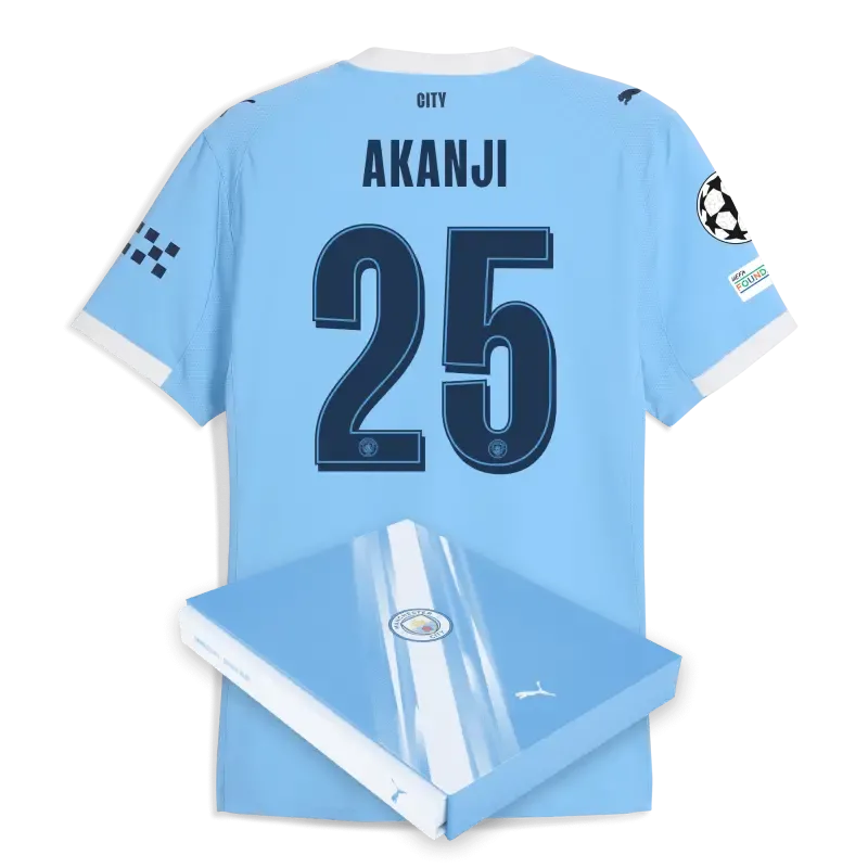 Manchester City Man City Champions League Home Authentic Jersey 2025/26 With AKANJI 25 Printing in Gift Box