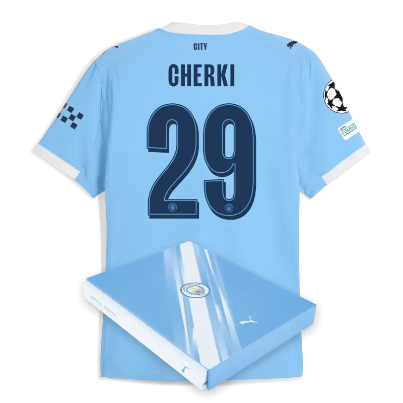 Manchester City Man City Champions League Home Authentic Jersey 2025/26 With CHERKI 29 Printing in Gift Box