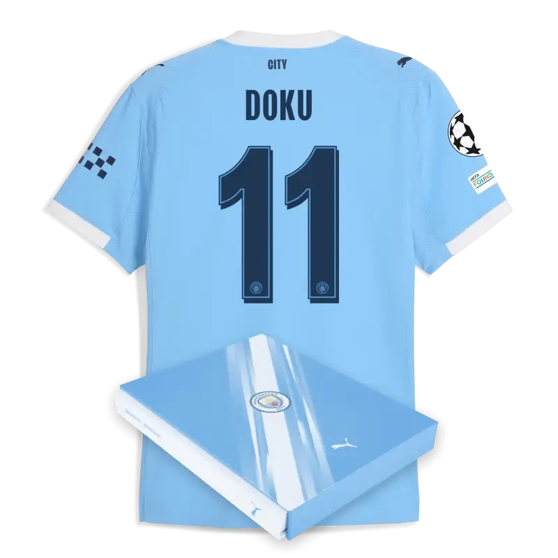 Manchester City Man City Champions League Home Authentic Jersey 2025/26 With DOKU 11 Printing in Gift Box