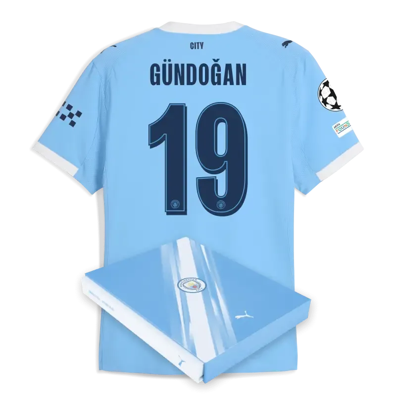 Manchester City Man City Champions League Home Authentic Jersey 2025/26 With GÜNDOĞAN 19 Printing in Gift Box