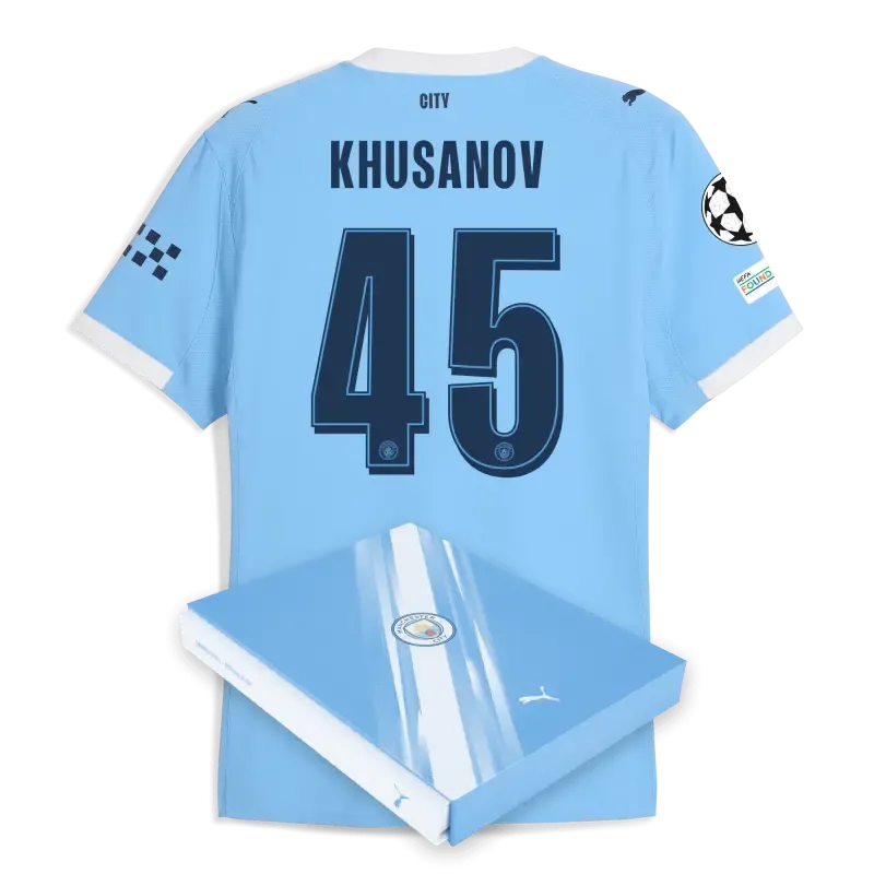 Manchester City Man City Champions League Home Authentic Jersey 2025/26 With KHUSANOV 45 Printing in Gift Box