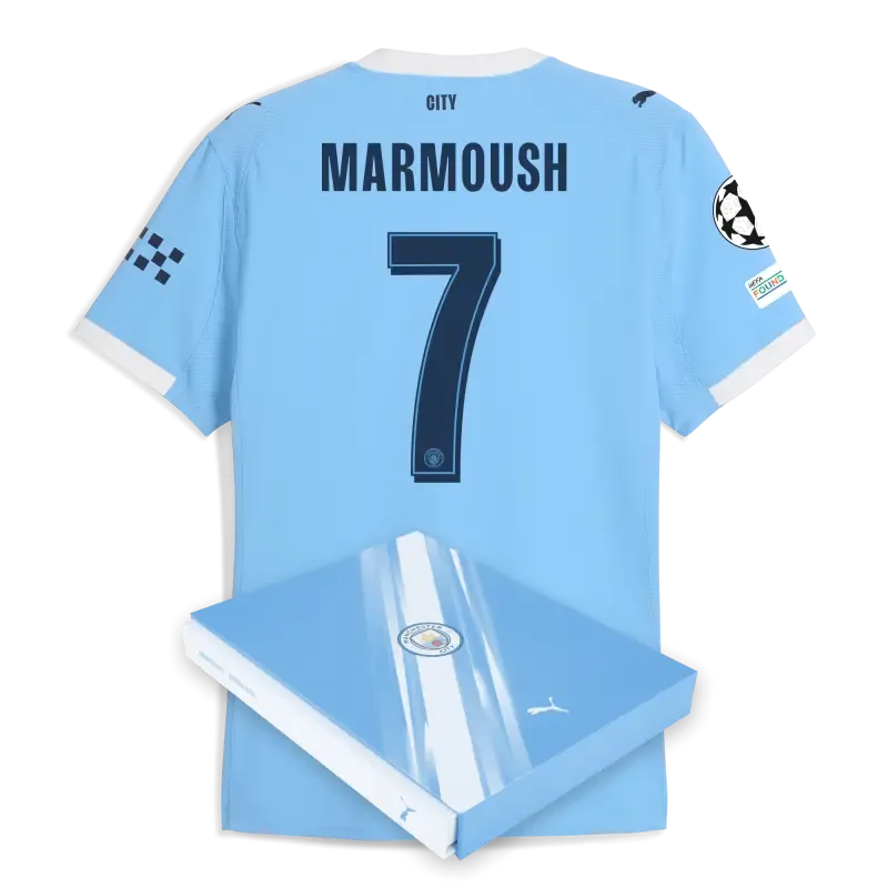 Manchester City Man City Champions League Home Authentic Jersey 2025/26 With MARMOUSH 7 Printing in Gift Box