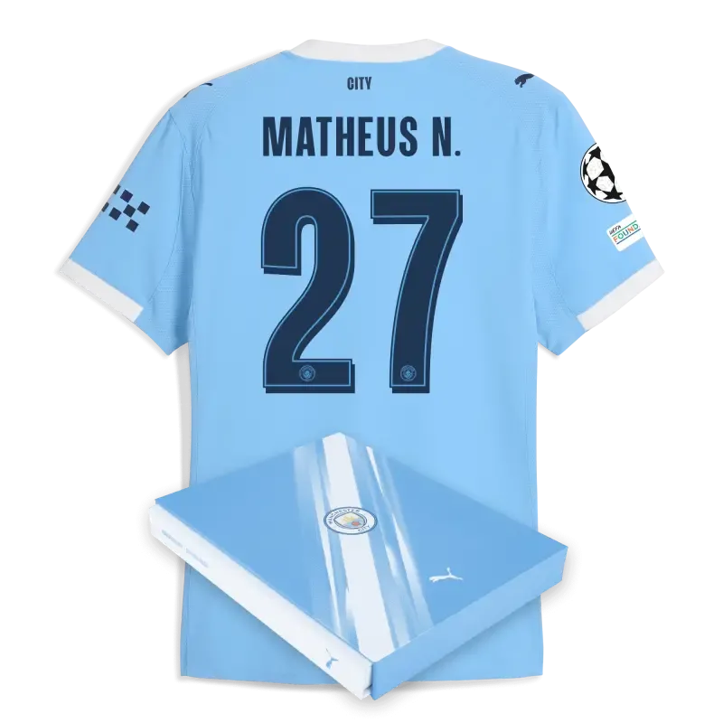 Manchester City Man City Champions League Home Authentic Jersey 2025/26 With MATHEUS N. 27 Printing in Gift Box
