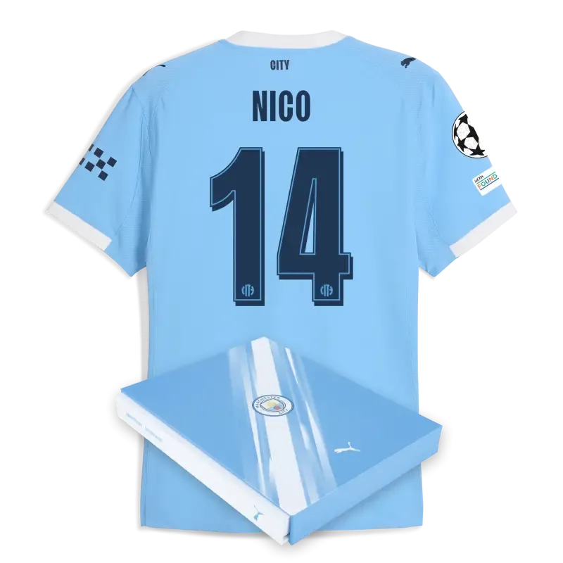 Manchester City Man City Champions League Home Authentic Jersey 2025/26 With NICO 14 Printing in Gift Box
