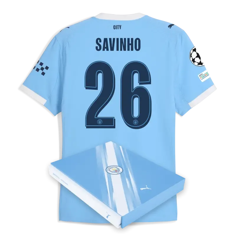 Manchester City Man City Champions League Home Authentic Jersey 2025/26 With SAVINHO 26 Printing in Gift Box