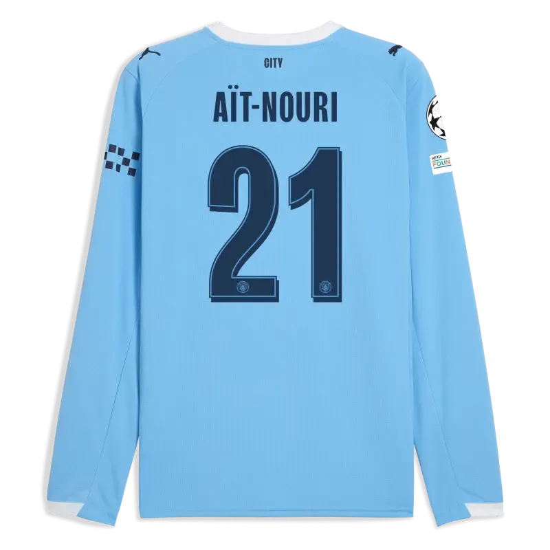 Manchester City Man City Champions League Home Jersey 2025/26 Long Sleeve With AÏT-NOURI 21 Printing