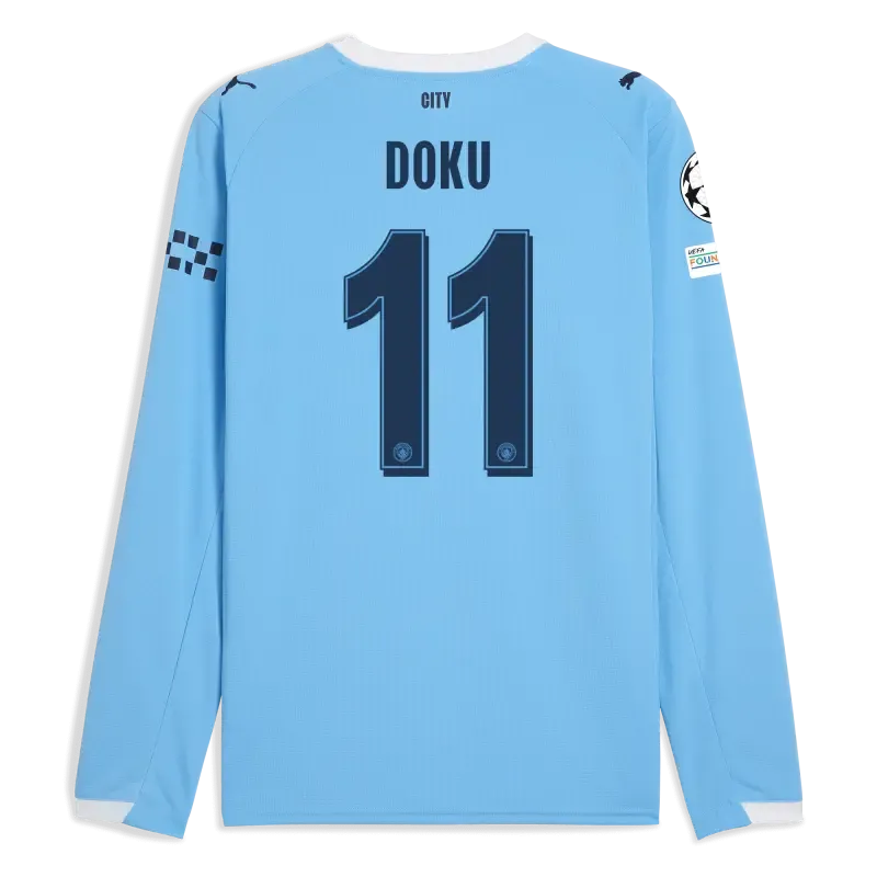 Manchester City Man City Champions League Home Jersey 2025/26 Long Sleeve With DOKU 11 Printing