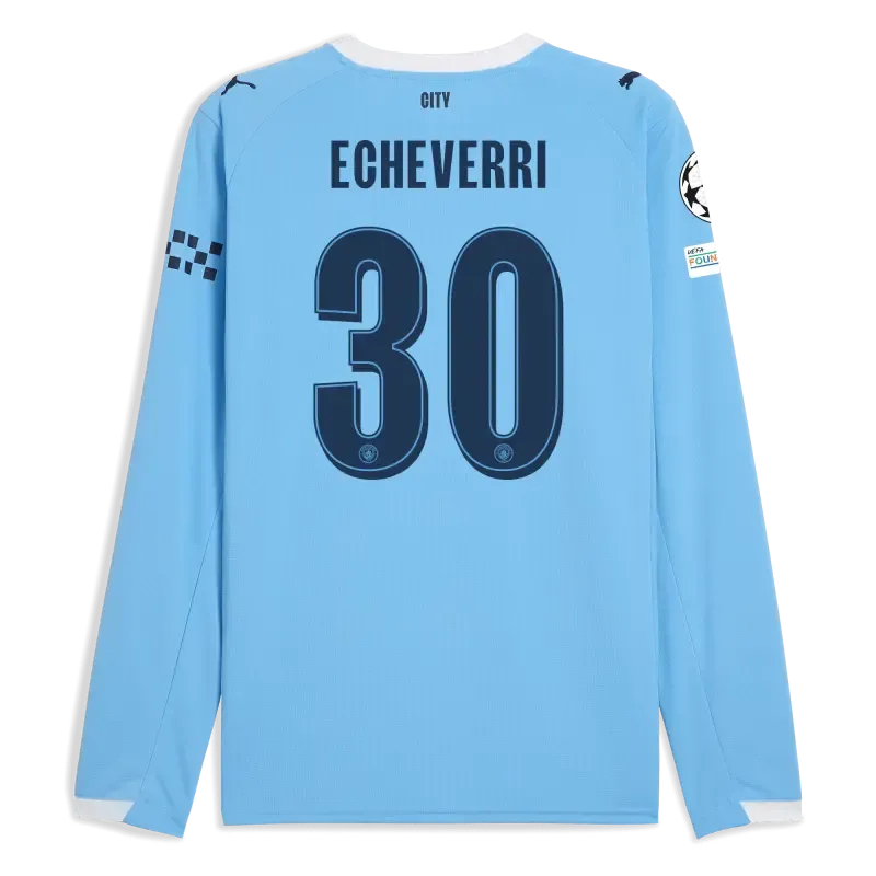 Manchester City Man City Champions League Home Jersey 2025/26 Long Sleeve With ECHEVERRI 30 Printing