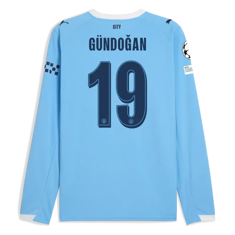 Manchester City Man City Champions League Home Jersey 2025/26 Long Sleeve With GÜNDOĞAN 19 Printing