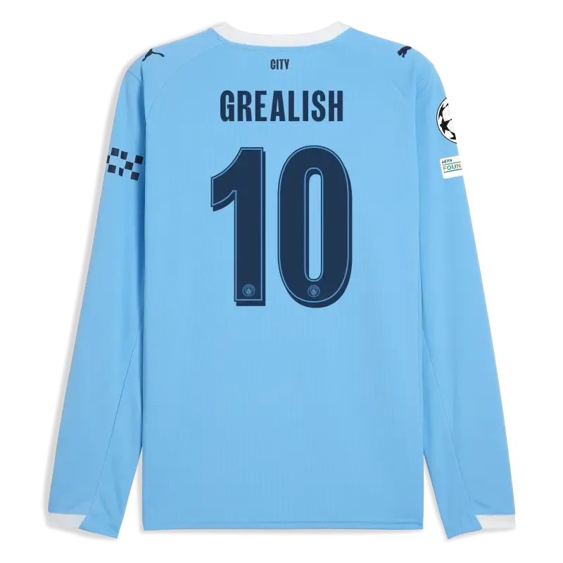Manchester City Man City Champions League Home Jersey 2025/26 Long Sleeve With GREALISH 10 Printing