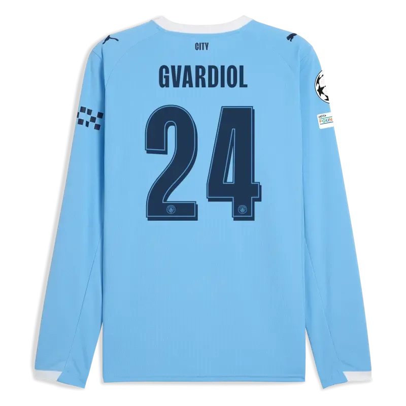 Manchester City Man City Champions League Home Jersey 2025/26 Long Sleeve With GVARDIOL 24 Printing