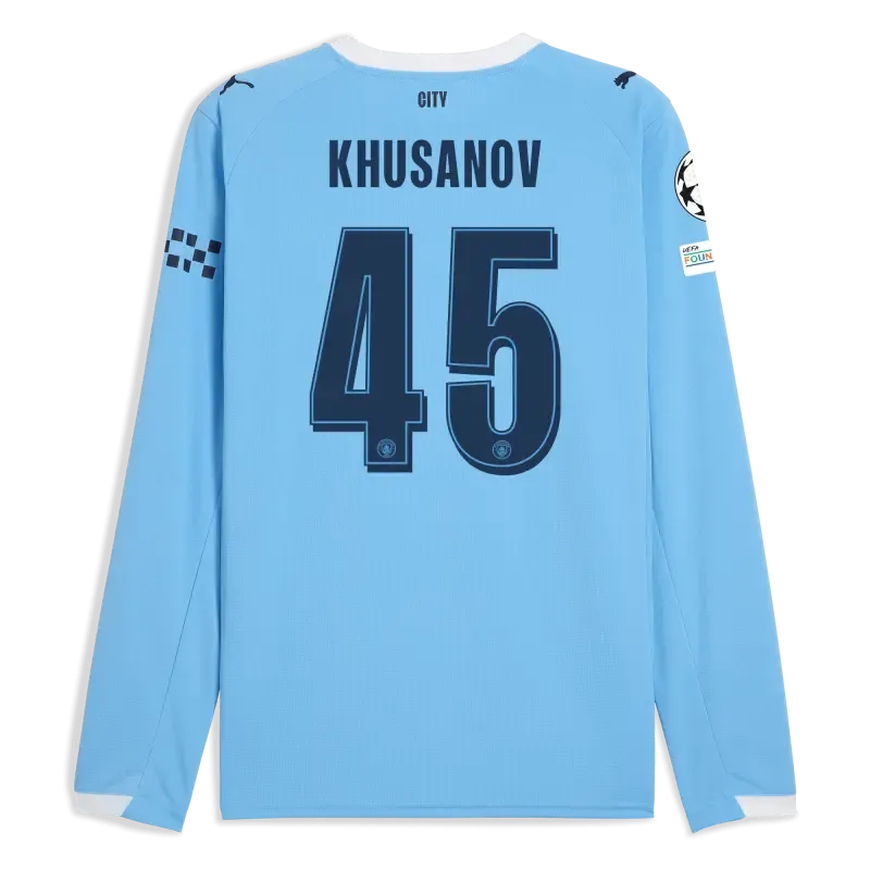 Manchester City Man City Champions League Home Jersey 2025/26 Long Sleeve With KHUSANOV 45 Printing