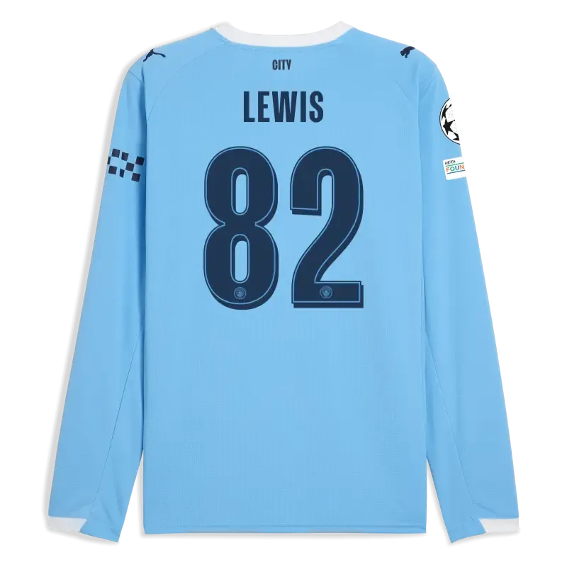 Manchester City Man City Champions League Home Jersey 2025/26 Long Sleeve With LEWIS 82 Printing