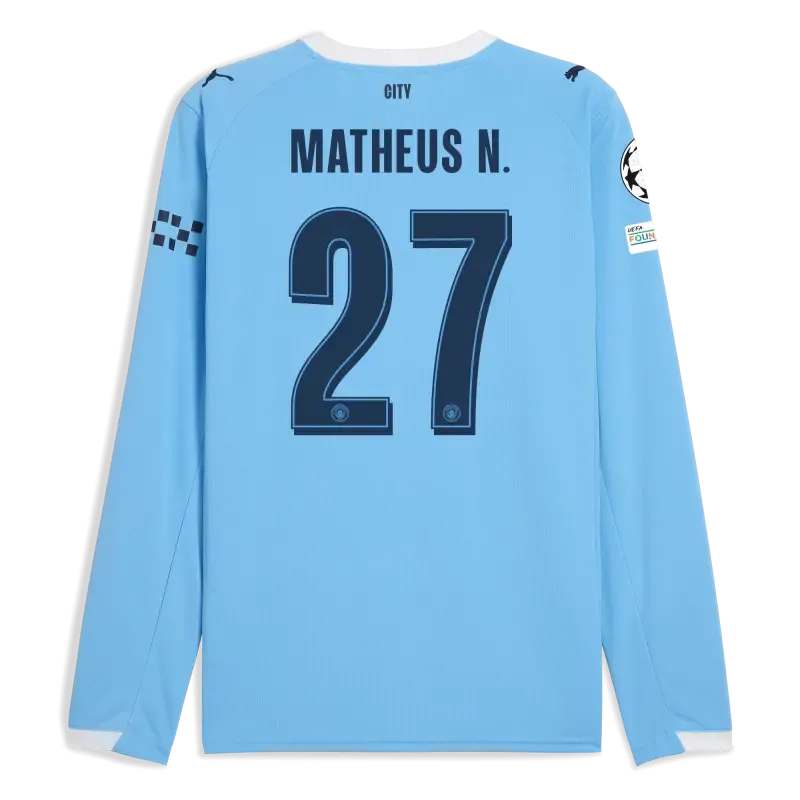 Manchester City Man City Champions League Home Jersey 2025/26 Long Sleeve With MATHEUS N. 27 Printing