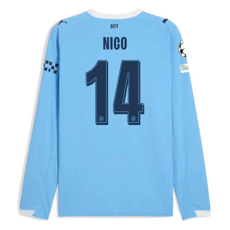 Manchester City Man City Champions League Home Jersey 2025/26 Long Sleeve With NICO 14 Printing