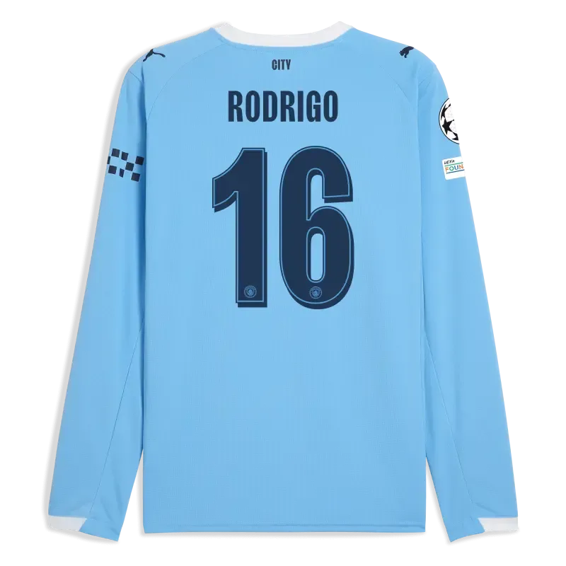 Manchester City Man City Champions League Home Jersey 2025/26 Long Sleeve With RODRIGO 16 Printing