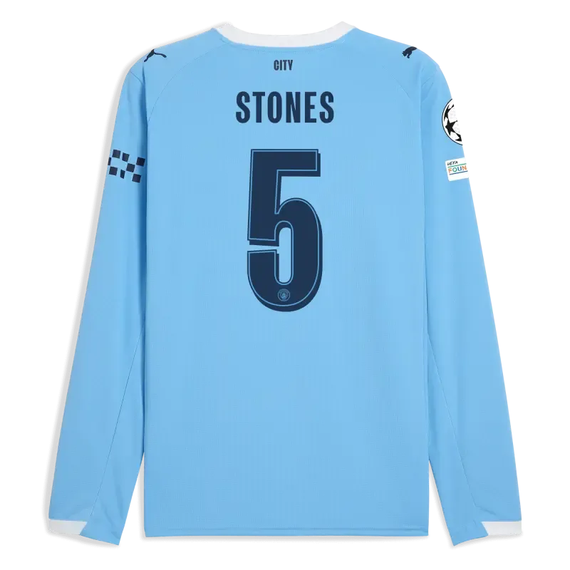 Manchester City Man City Champions League Home Jersey 2025/26 Long Sleeve With STONES 5 Printing