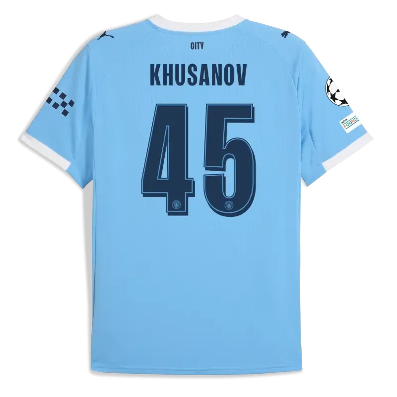 Manchester City Man City Champions League Home Jersey 2025/26 With KHUSANOV 45 Printing