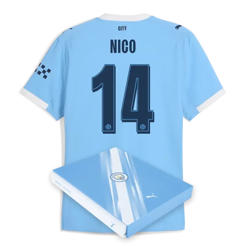 Manchester City Man City Home Authentic Jersey 2025/26 With NICO 14 Printing in Gift Box