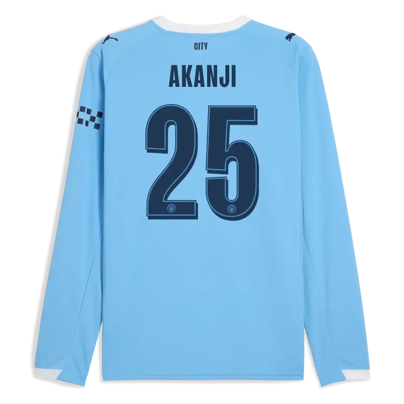 Manchester City Man City Home Jersey 2025/26 Long Sleeve With AKANJI 25 Printing