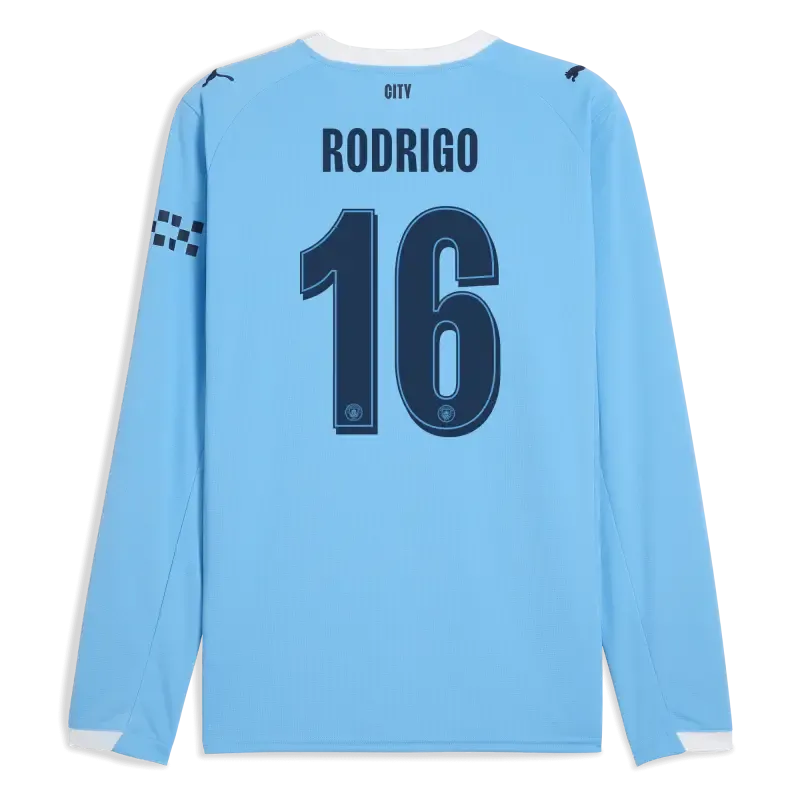 Manchester City Man City Home Jersey 2025/26 Long Sleeve With RODRIGO 16 Printing